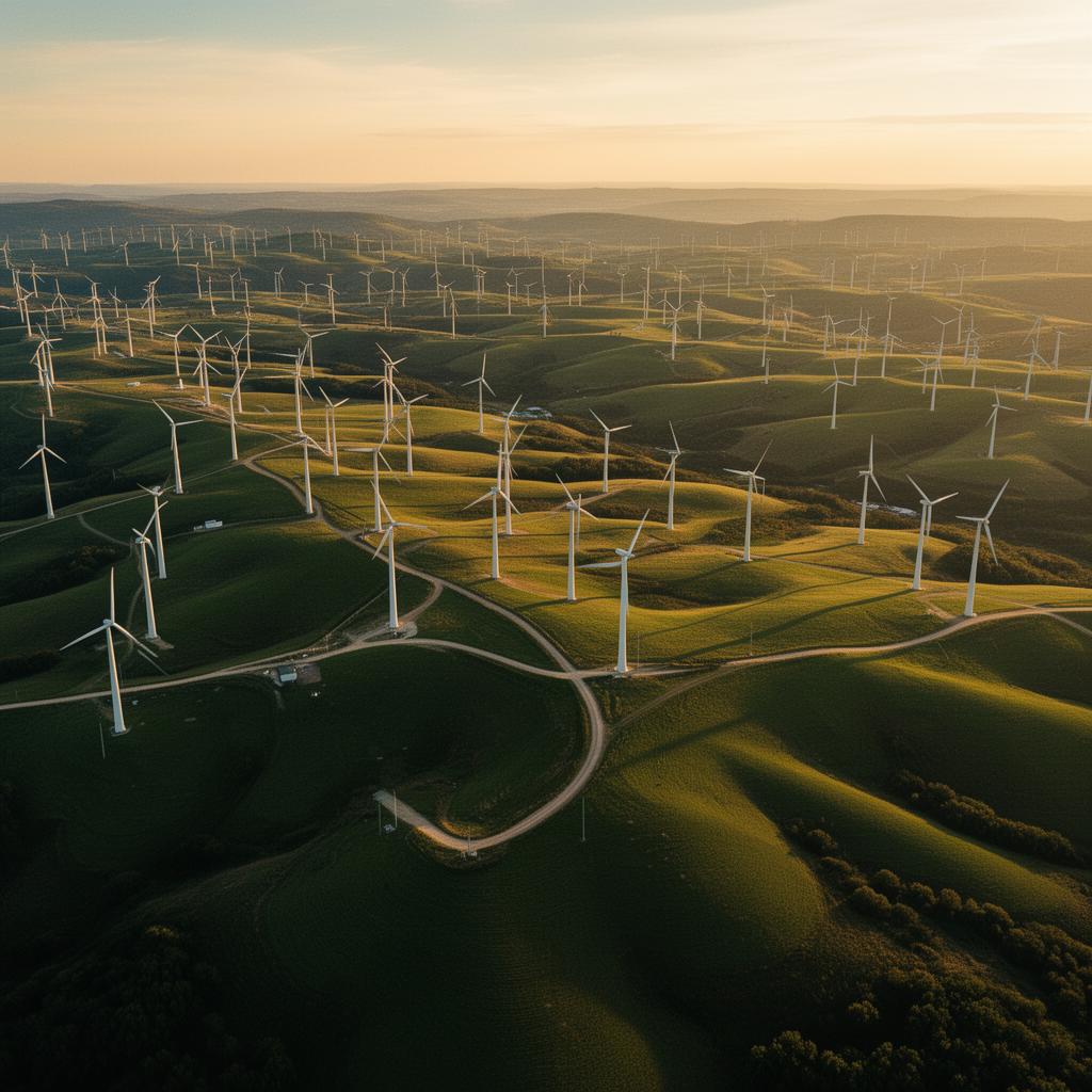 Wind turbines on green hillsides at golden hour