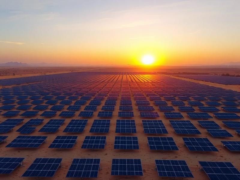 Aerial view of a utility-scale solar array at sunset